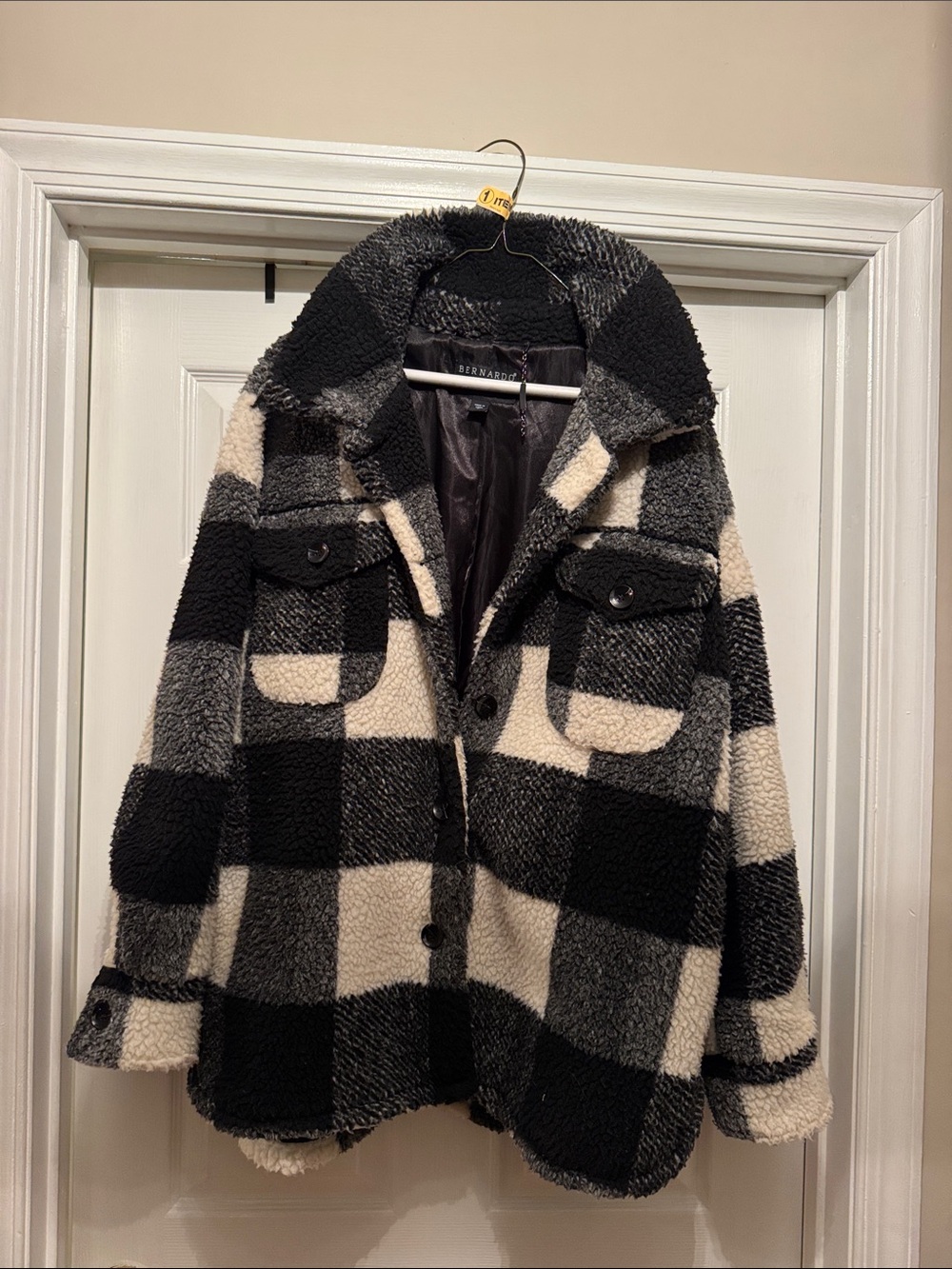 Bernardo Black & Cream Plaid Sherpa Jacket